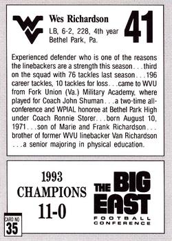 1993 West Virginia Mountaineers Big East Champions #35 Wes Richardson Back