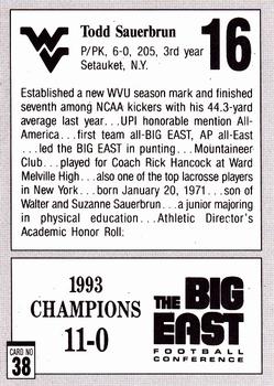 1993 West Virginia Mountaineers Big East Champions #38 Todd Sauerbrun Back