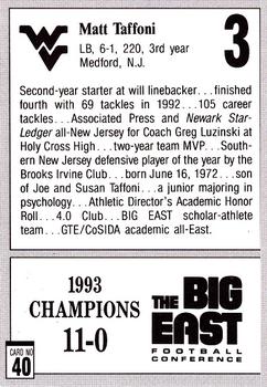 1993 West Virginia Mountaineers Big East Champions #40 Matt Taffoni Back