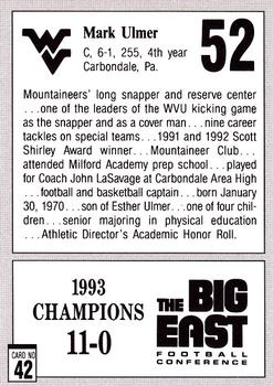 1993 West Virginia Mountaineers Big East Champions #42 Mark Ulmer Back