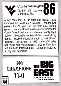 1993 West Virginia Mountaineers Big East Champions #44 Charles Washington Back