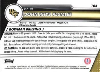 2023 Bowman University Chrome #104 John Rhys Plumlee Back