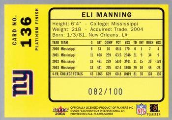 2004 Fleer Platinum - Platinum Finish #136 Eli Manning Back