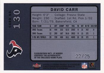 2004 Fleer Platinum - Jerseys Nameplate #130 David Carr Back