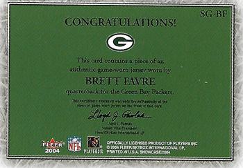 2004 Fleer Showcase - Showcase Grace Game-Used Material #SG-BF Brett Favre Back