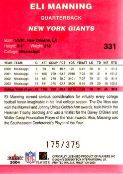 2004 Fleer Tradition - Draft Day #331 Eli Manning Back