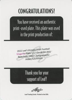 2022 Leaf Ultimate Draft - Printing Plates Magenta #BA-AH1 Aidan Hutchinson Back