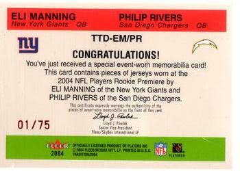 2004 Fleer Tradition - Rookie Throwback Threads Dual Patches #TTD-EM/PR Eli Manning / Philip Rivers Back