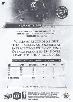 2023 Upper Deck CFL #61 Avery Williams Back