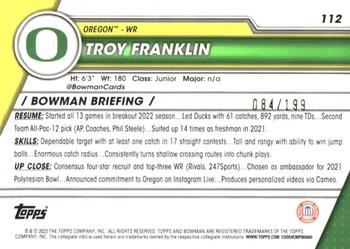 2023 Bowman University Chrome - Blue Refractor #112 Troy Franklin Back