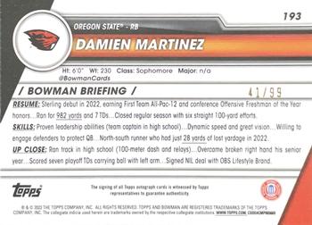 2023 Bowman University Chrome - Chrome Prospect Autographs Green Refractor #193 Damien Martinez Back
