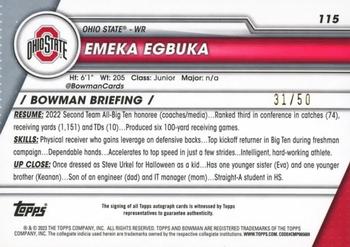 2023 Bowman University Chrome - Chrome Prospect Autographs Gold Refractor #115 Emeka Egbuka Back
