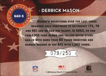 2004 Leaf Rookies & Stars - Great American Heroes Blue #GAH-5 Derrick Mason Back
