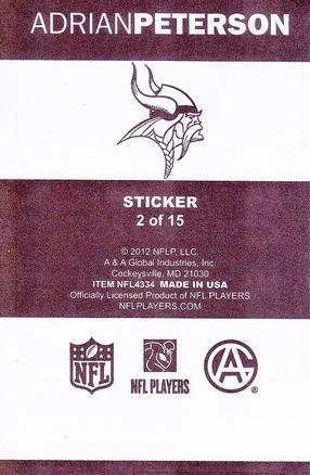 2012 A&A Global NFL Stickers #2 Adrian Peterson Back