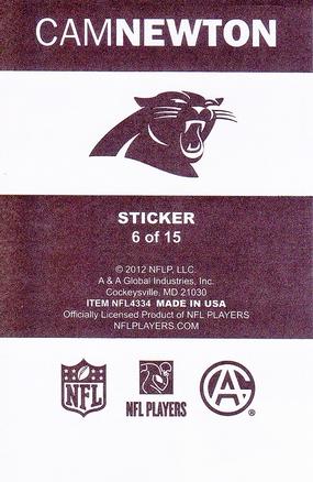 2012 A&A Global NFL Stickers #6 Cam Newton Back