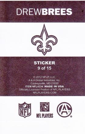 2012 A&A Global NFL Stickers #9 Drew Brees Back