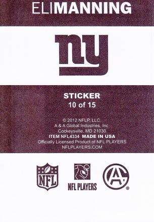 2012 A&A Global NFL Stickers #10 Eli Manning Back