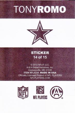 2012 A&A Global NFL Stickers #14 Tony Romo Back
