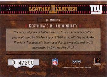 2004 Playoff Hogg Heaven - Leather in Leather #LL-21 Eli Manning Back