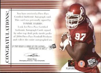 2004 Press Pass - Autographs Bronze #NNO Tommie Harris Back