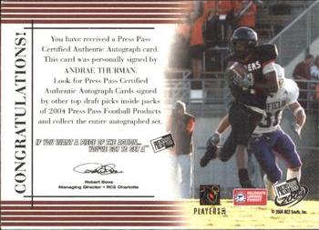 2004 Press Pass - Autographs Bronze #NNO Andrae Thurman Back