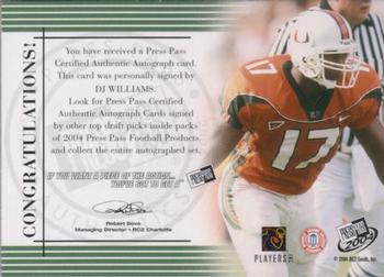 2004 Press Pass - Autographs Bronze #NNO D.J. Williams Back