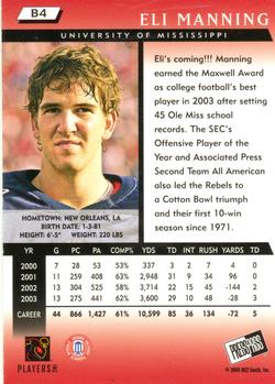2004 Press Pass - Blue #B4 Eli Manning Back