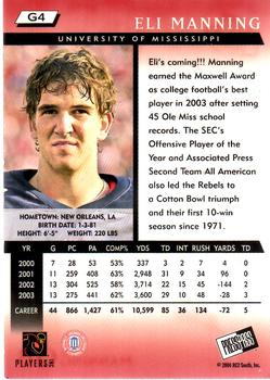 2004 Press Pass - Gold #G4 Eli Manning Back
