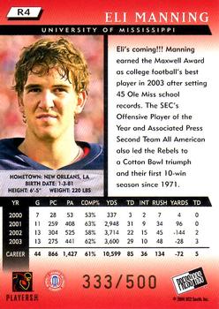 2004 Press Pass - Reflectors #R4 Eli Manning Back