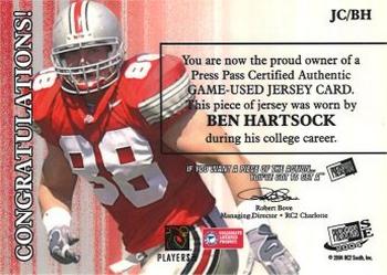 2004 Press Pass SE - Game Used Jerseys Silver #JC/BH Ben Hartsock Back