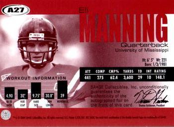 2004 SAGE - Autographs Silver #A27 Eli Manning Back
