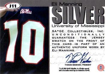 2004 SAGE - Jerseys Silver #J11 Eli Manning Back