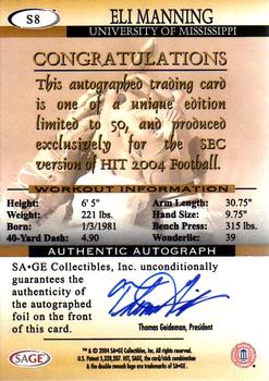 2004 SAGE HIT - SEC Autographs #S8 Eli Manning Back