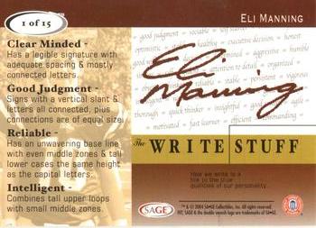 2004 SAGE HIT - The Write Stuff #1 Eli Manning Back