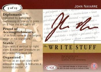 2004 SAGE HIT - The Write Stuff #5 John Navarre Back