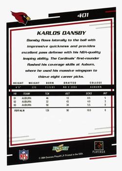 2004 Score - Glossy #401 Karlos Dansby Back