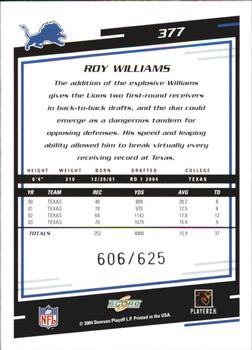 2004 Score - Scorecard #377 Roy Williams Back