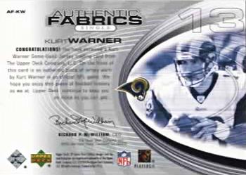 2004 SP Game Used - Authentic Fabrics #AF-KW Kurt Warner Back