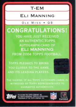 2004 Topps - Autographs #T-EM Eli Manning Back