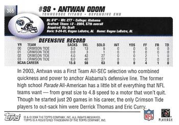 2004 Topps - Topps Collection #366 Antwan Odom Back