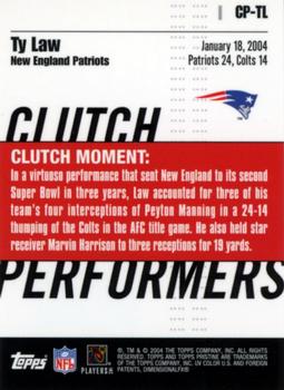 2004 Topps Pristine - Clutch Performers Jersey #CP-TL Ty Law Back