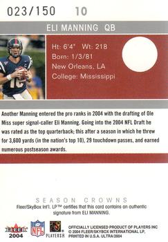 2004 Ultra - Season Crowns Autographs #10 Eli Manning Back