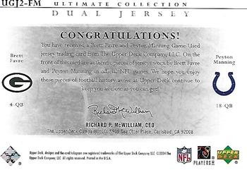 2004 Upper Deck Ultimate Collection - Game Jersey Duals #UGJ2-FM Brett Favre / Peyton Manning Back
