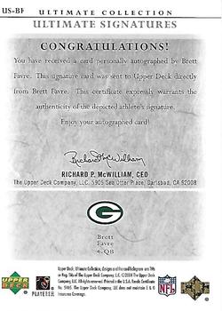2004 Upper Deck Ultimate Collection - Ultimate Signatures #US-BF Brett Favre Back