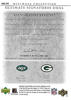 2004 Upper Deck Ultimate Collection - Ultimate Signatures Duals #US2-PF Chad Pennington / Brett Favre Back