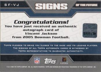 2005 Bowman - Signs of the Future Autographs #SF-VJ Vincent Jackson Back