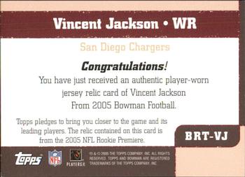 2005 Bowman - Throwback Threads Jerseys #BRT-VJ Vincent Jackson Back