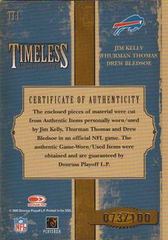 2005 Donruss Classics - Timeless Triples Jerseys #TT-1 Jim Kelly / Thurman Thomas / Drew Bledsoe Back
