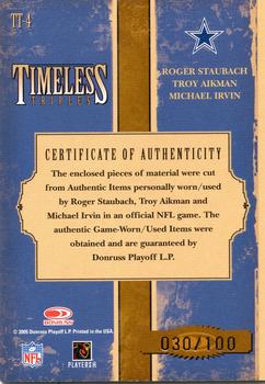 2005 Donruss Classics - Timeless Triples Jerseys #TT-4 Roger Staubach / Troy Aikman / Michael Irvin Back