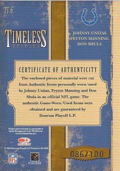 2005 Donruss Classics - Timeless Triples Jerseys #TT-6 Johnny Unitas / Peyton Manning / Don Shula Back
